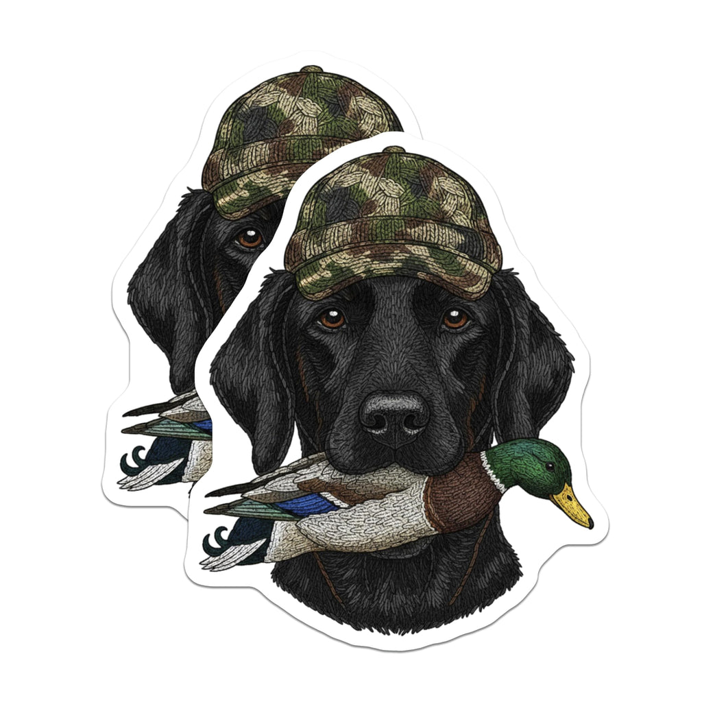 (2 Pack) Hunting Dog Stickers - Camo Hat - Duck Hunter Decals- 5" On Longest Side - Sticks to Smooth Flat Surfaces - Made in USA - BMCS16512