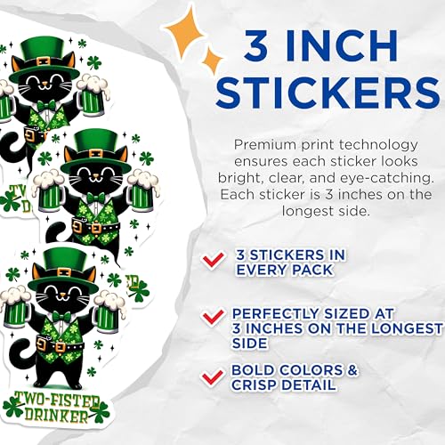 (3 Pack) St Patricks Day Cat Decals - Funny Irish Kitten - Lucky Clover Decal - 3 Inches On Longest Side - Easy Peel & Apply - Made in USA - 3MCS6867