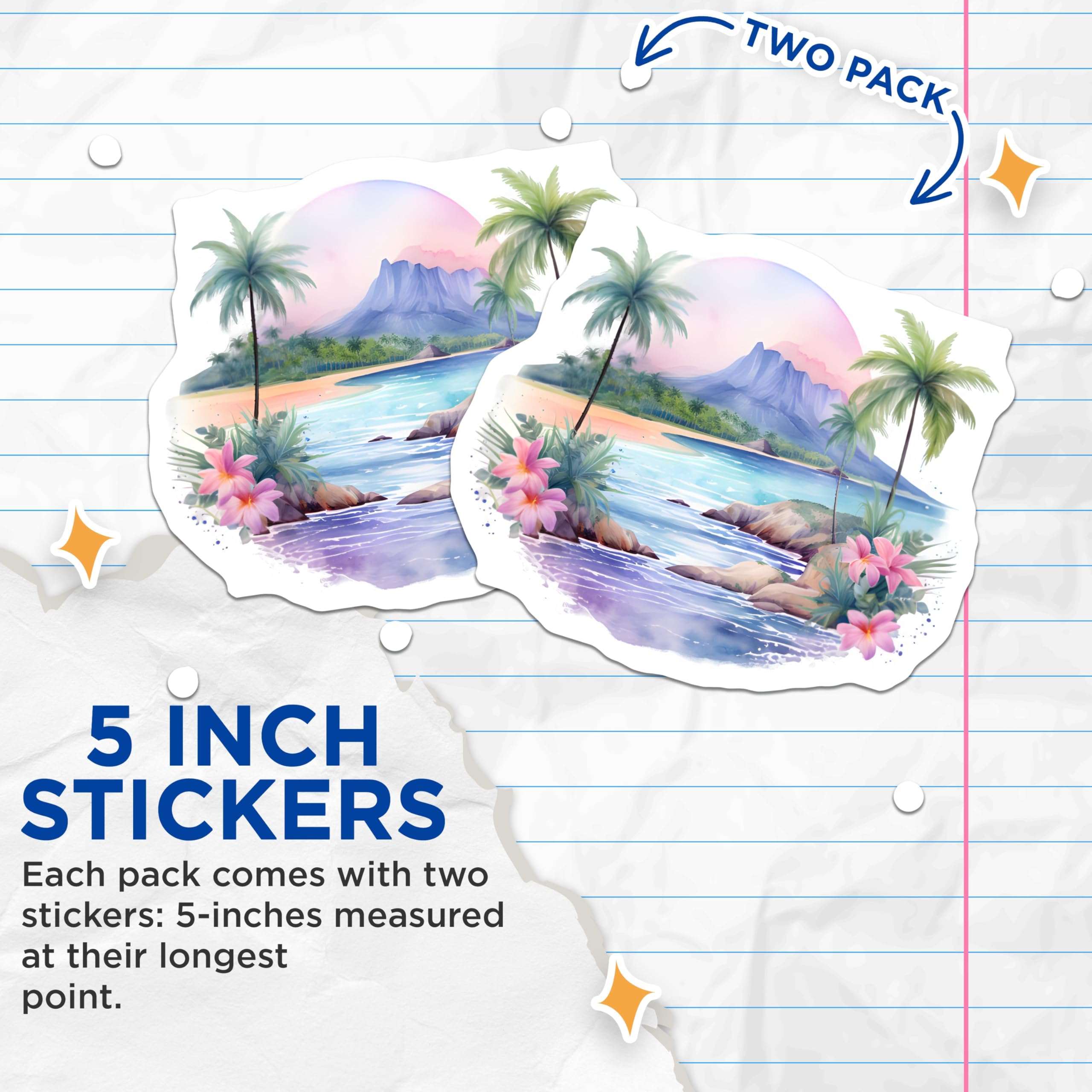 (2 Pack) Tropical Island Stickers - Hawaiian Beach Ocean - Mountain Palm Tree Art - 5" On Longest Side - Sticks to Smooth Flat Surfaces - Made in USA - BMCS20135