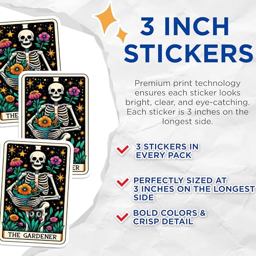 (3 Pack) Gardener Skeleton Decals - Floral Death Tarot - Macabre Laptop Decor - 3 Inches On Longest Side - Easy Peel & Apply - Made in USA - 3MCS4181