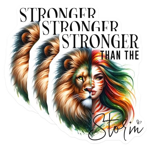 (3 Pack) Stronger Than The Storm Decals - Lion Woman Art - Laptop Decals - 3 Inches On Longest Side - Easy Peel & Apply - Made in USA - 3MCS8000