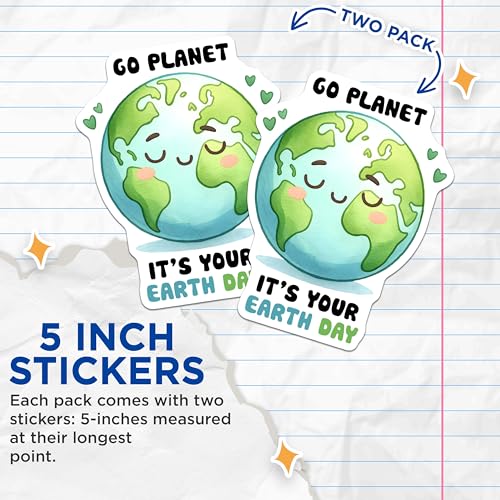 (2 Pack) Go Planet Stickers - Earth Day Theme - Cute Environmental Design - 5" On Longest Side - Sticks to Smooth Flat Surfaces - Made in USA - BMCS9751