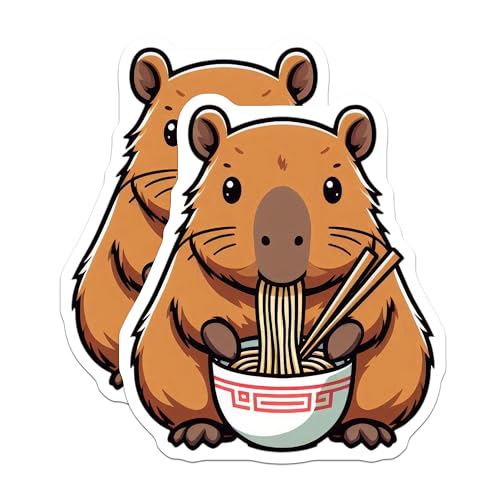 (2 Pack) Cute Capybara Eating Ramen Stickers - Animal Lover Art - Japanese Food Sticker - 5" On Longest Side - Sticks to Smooth Flat Surfaces - Made in USA - BMCS9916