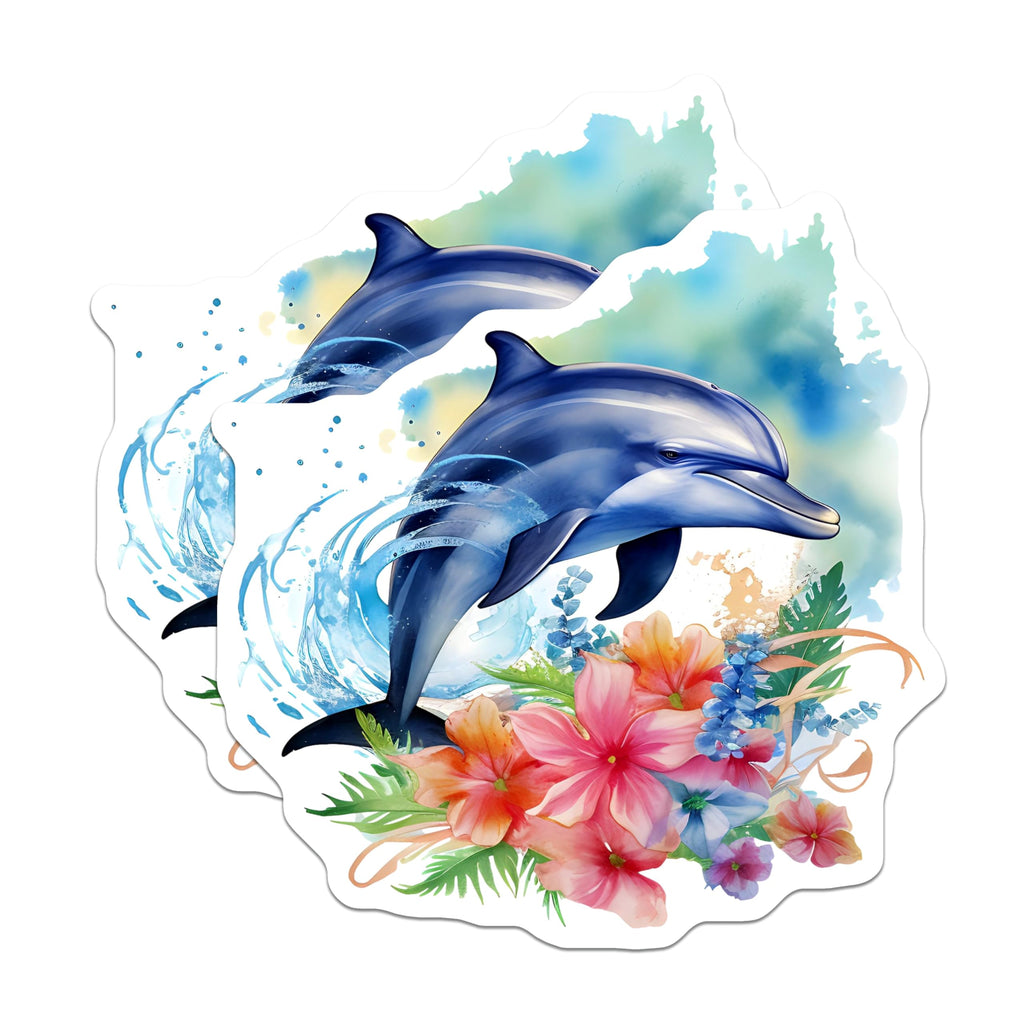 (2 Pack) Watercolor Dolphin Stickers - Vibrant Floral Ocean Art - Marine Life Aesthetic Decals - 5" On Longest Side - Sticks to Smooth Flat Surfaces - Made in USA - BMCS21219