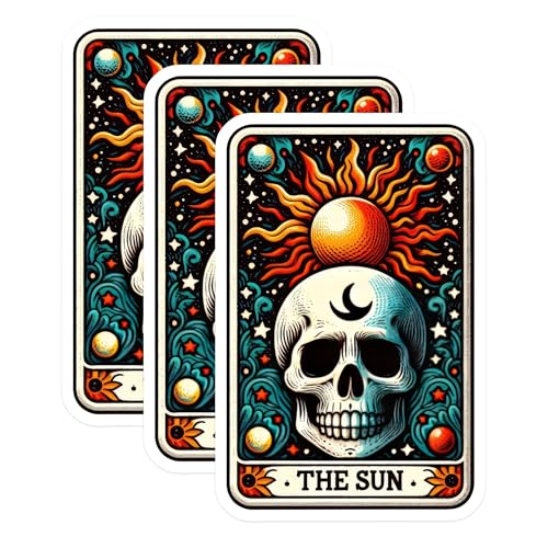 (3 Pack) The Sun Tarot Card Decals - Skull Laptop Decals - Celestial Gothic Decor - 3 Inches On Longest Side - Easy Peel & Apply - Made in USA - 3MCS4273