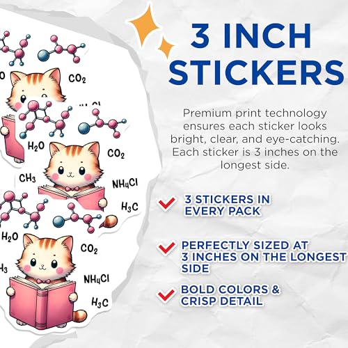 (3 Pack) Scientist Cat Decals - Reading Book - Chemistry Formulas Laptop Decals - 3 Inches On Longest Side - Easy Peel & Apply - Made in USA - 3MCS6784