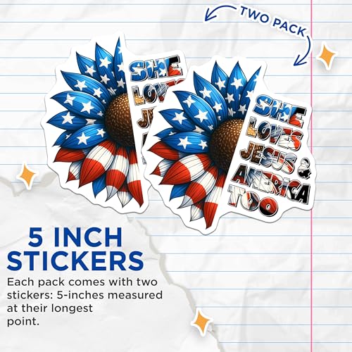 (2 Pack) She Loves Jesus and America Too Stickers - Faith-Based - Patriotic Floral - 5" On Longest Side - Sticks to Smooth Flat Surfaces - Made in USA - BMCS7450