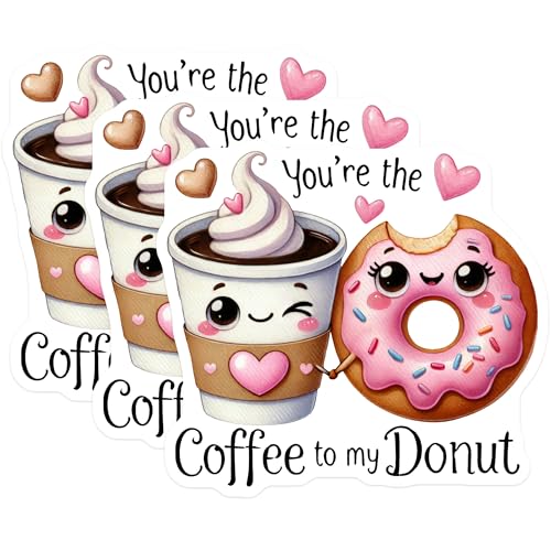 (3 Pack) Coffee and Donut Decals - Cute Food Puns - Kawaii Sweet Treat - 3 Inches On Longest Side - Easy Peel & Apply - Made in USA - 3MCS2174