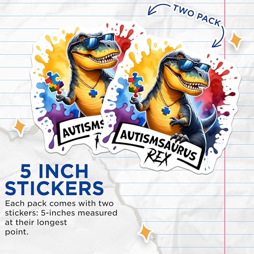 (2 Pack) Autismsaurus Rex Stickers - Autism Awareness - Dino Puzzle Piece - 5" On Longest Side - Sticks to Smooth Flat Surfaces - Made in USA - BMCS8126
