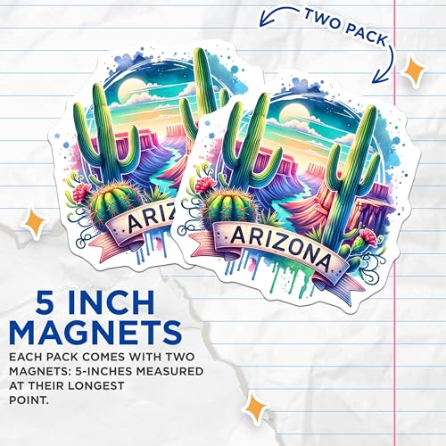 (2 Pack) Arizona Souvenir Magnets - Grand Canyon Decor - Cactus Artwork - 5" On Longest Side - for Cars, Fridges, Toolboxes - Made in USA - MAG6834
