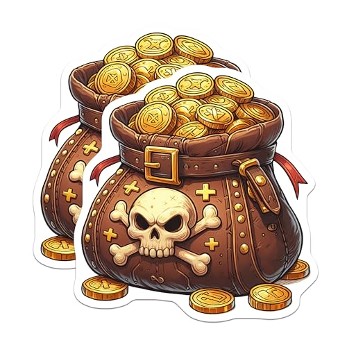 (2 Pack) Pirate Treasure Stickers - Skull and Crossbones - Gold Coins - 5" On Longest Side - Sticks to Smooth Flat Surfaces - Made in USA - BMCS6813