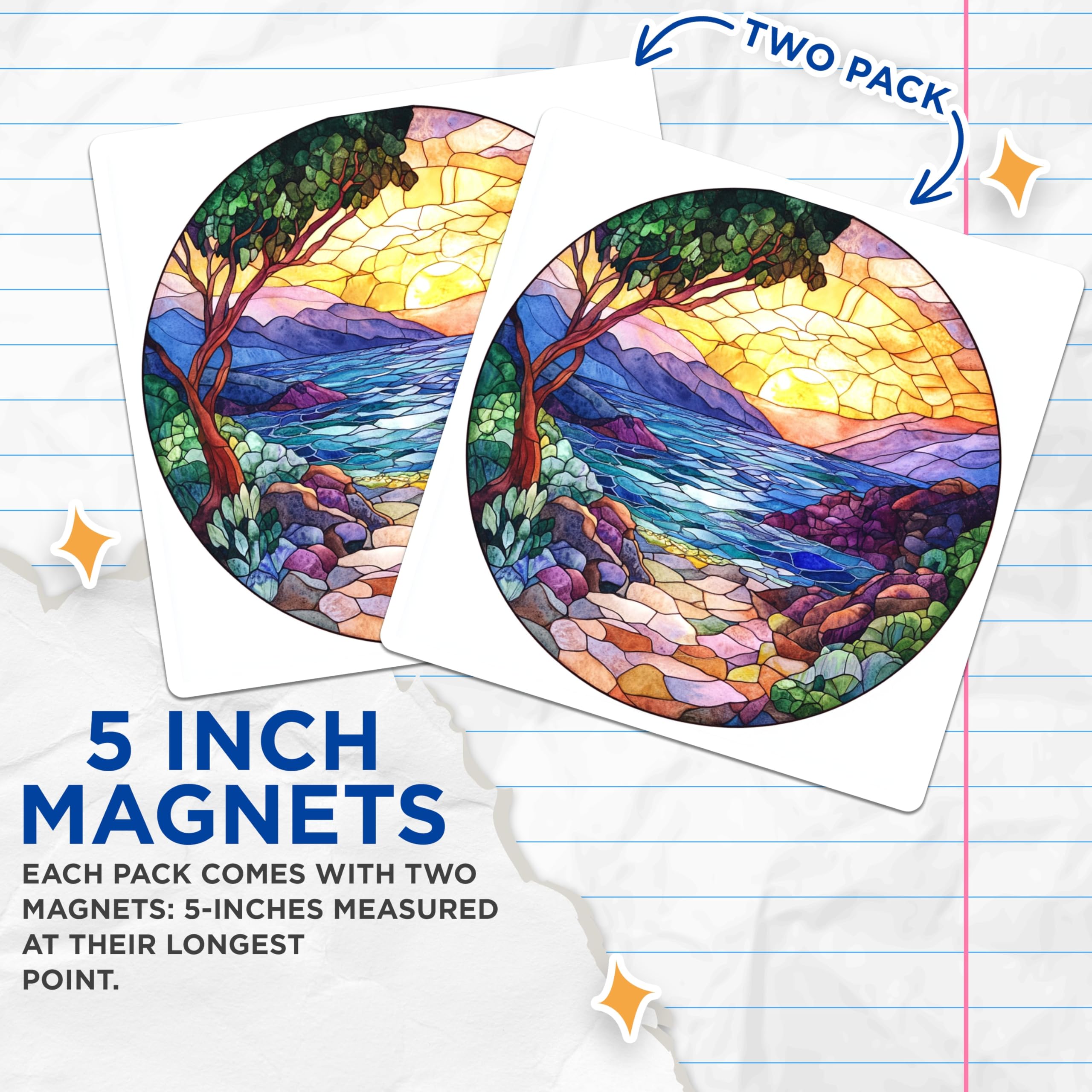 (2 Pack) Stained Glass Sunset Magnets - Coastal Ocean Scene - Mosaic Landscape Art - Nature Lover Decor - 5 Inches On Longest Side - Thick Durable Magnet - Made in USA - MAG28908