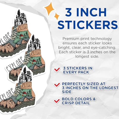 (3 Pack) Explore Hiking Boot Decals - Nature Adventure Stickers - Camping Laptop Decal - 3 Inches On Longest Side - Easy Peel & Apply - Made in USA - 3MCS2951