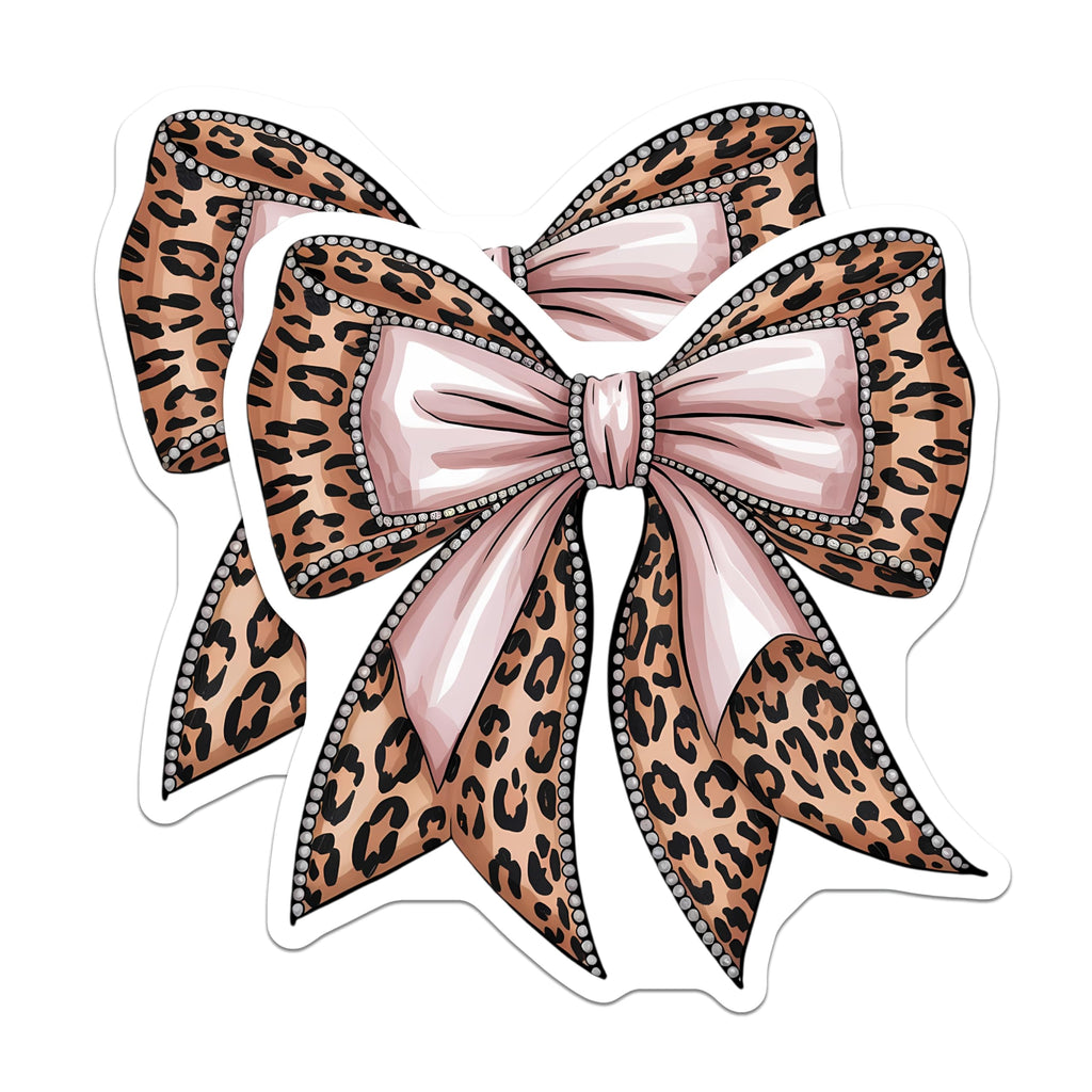 (2 Pack) Leopard Print Bow Magnets - Pink Pearl Embellished Glam Decor - Chic Animal Pattern Accessory - 5 Inches On Longest Side - Thick Durable Magnet - Made in USA - MAG21083
