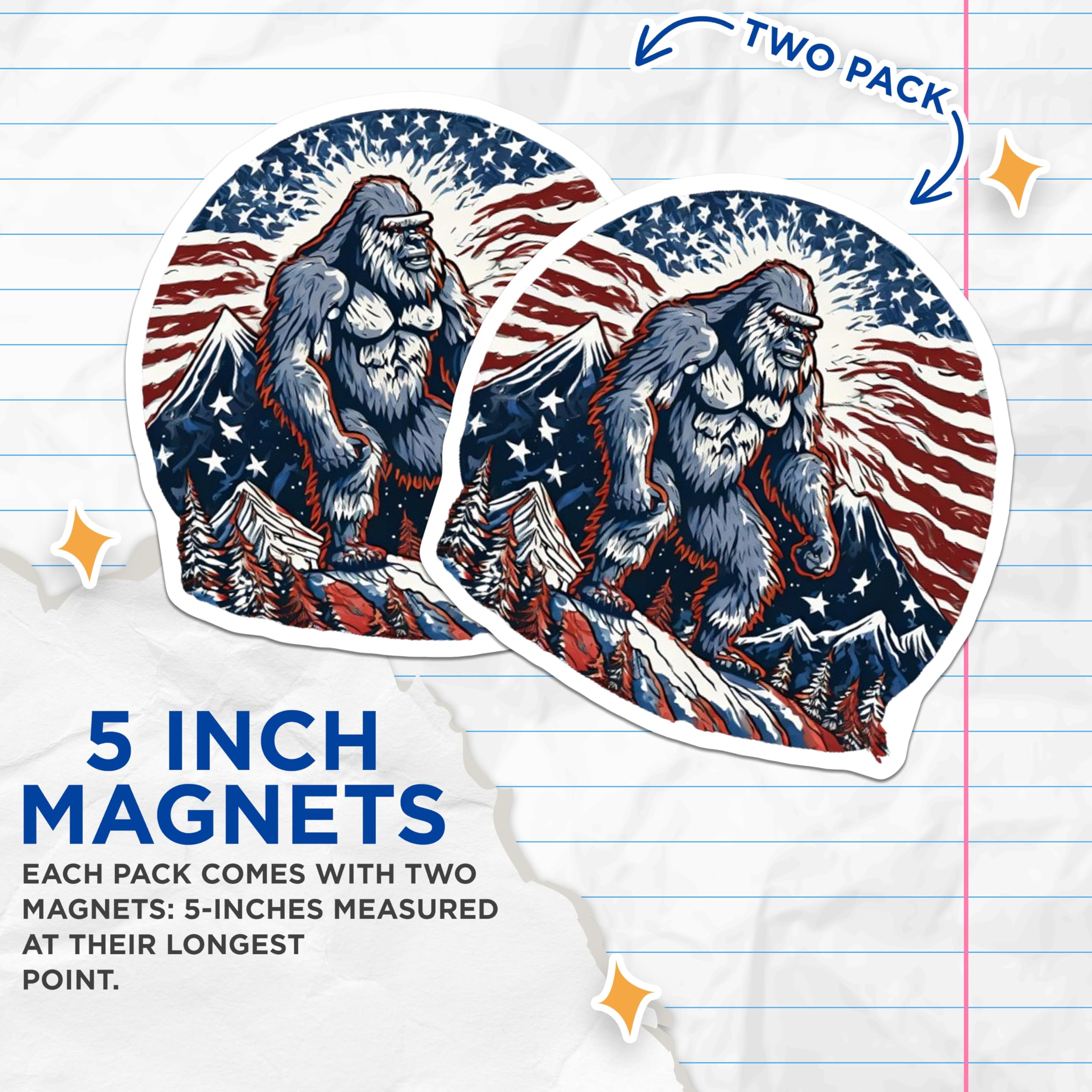 (2 Pack) Bigfoot Magnets - Patriotic American Flag Sasquatch Legend Decor - Mountain Wilderness Cryptid Collectible - 5 Inches On Longest Side - Thick Durable Magnet - Made in USA - MAG21141