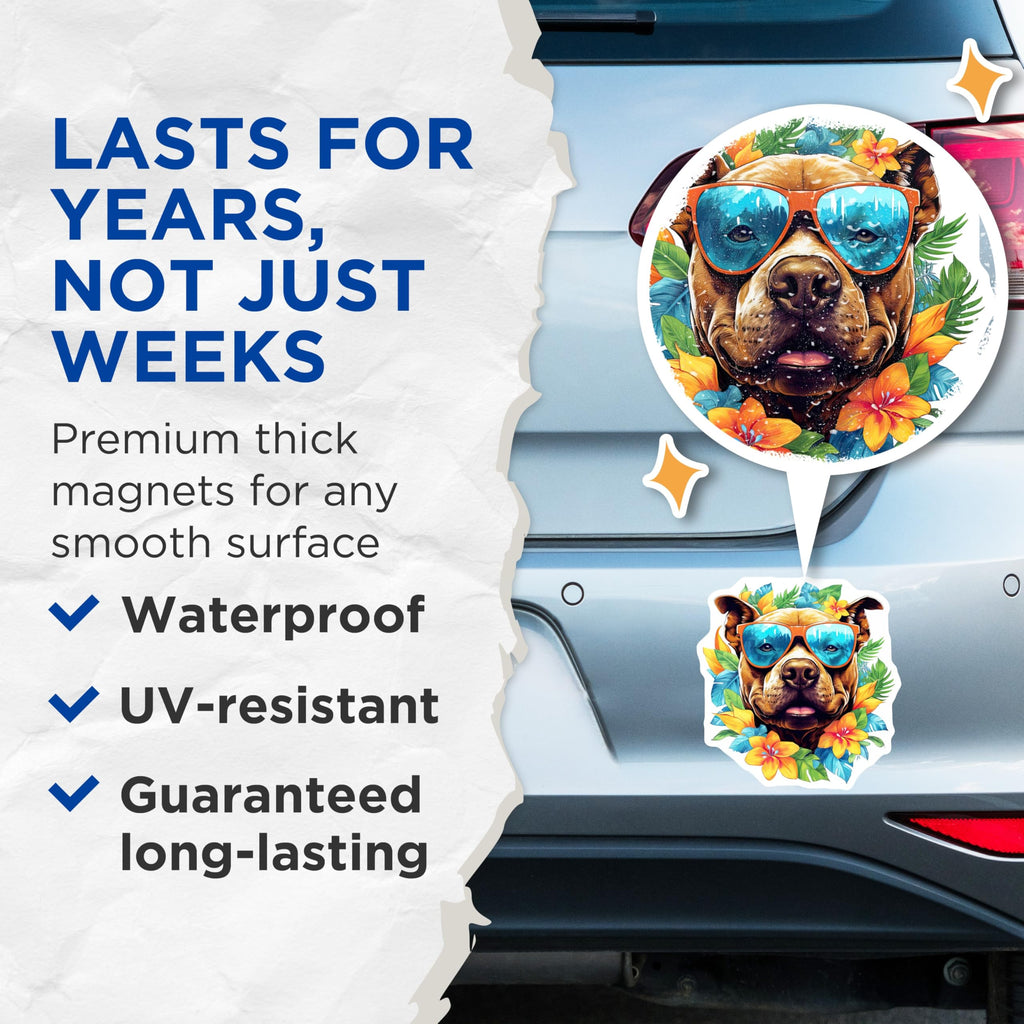 (2 Pack) Pitbull Magnets - Tropical Dog Art - Summer Sunglasses Pitbull - Hawaiian Vibe Pet Decor - Fridge Locker Accent - 5 Inches On Longest Side - Thick Durable Magnet - Made in USA - MAG23061