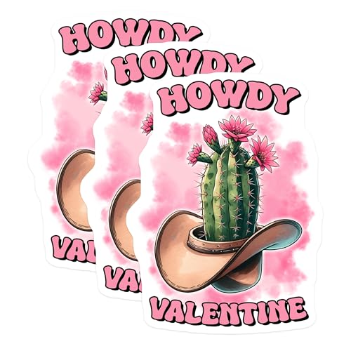 (3 Pack) Howdy Valentine Decals - Cactus Cowboy Hat - Southwestern Decals - 3 Inches On Longest Side - Easy Peel & Apply - Made in USA - 3MCS1923