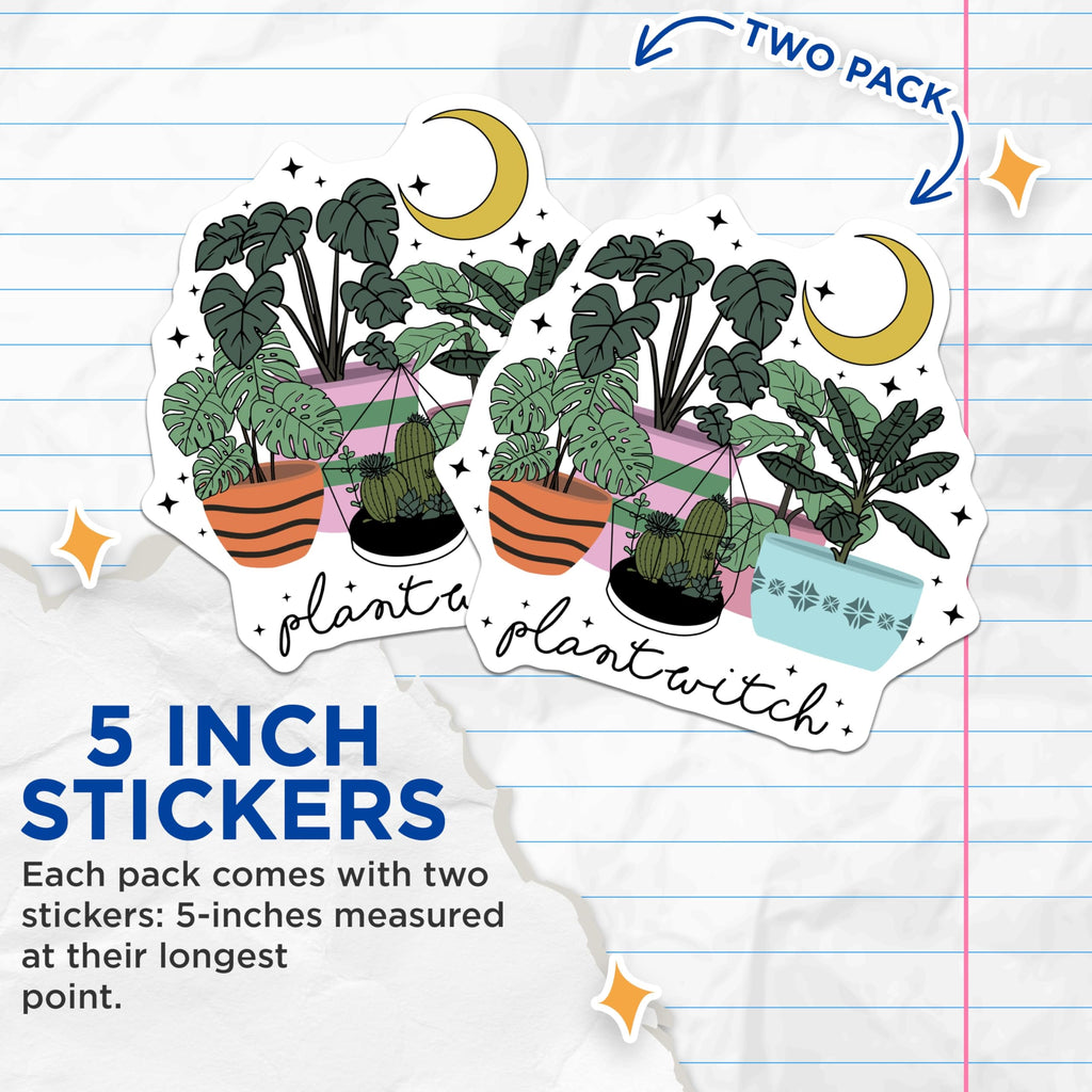 (2 Pack) Plantwitch Stickers - Witchy Plant Lover - Plants and Moon Decals - 5" On Longest Side - Sticks to Smooth Flat Surfaces - Made in USA - BMCS17782
