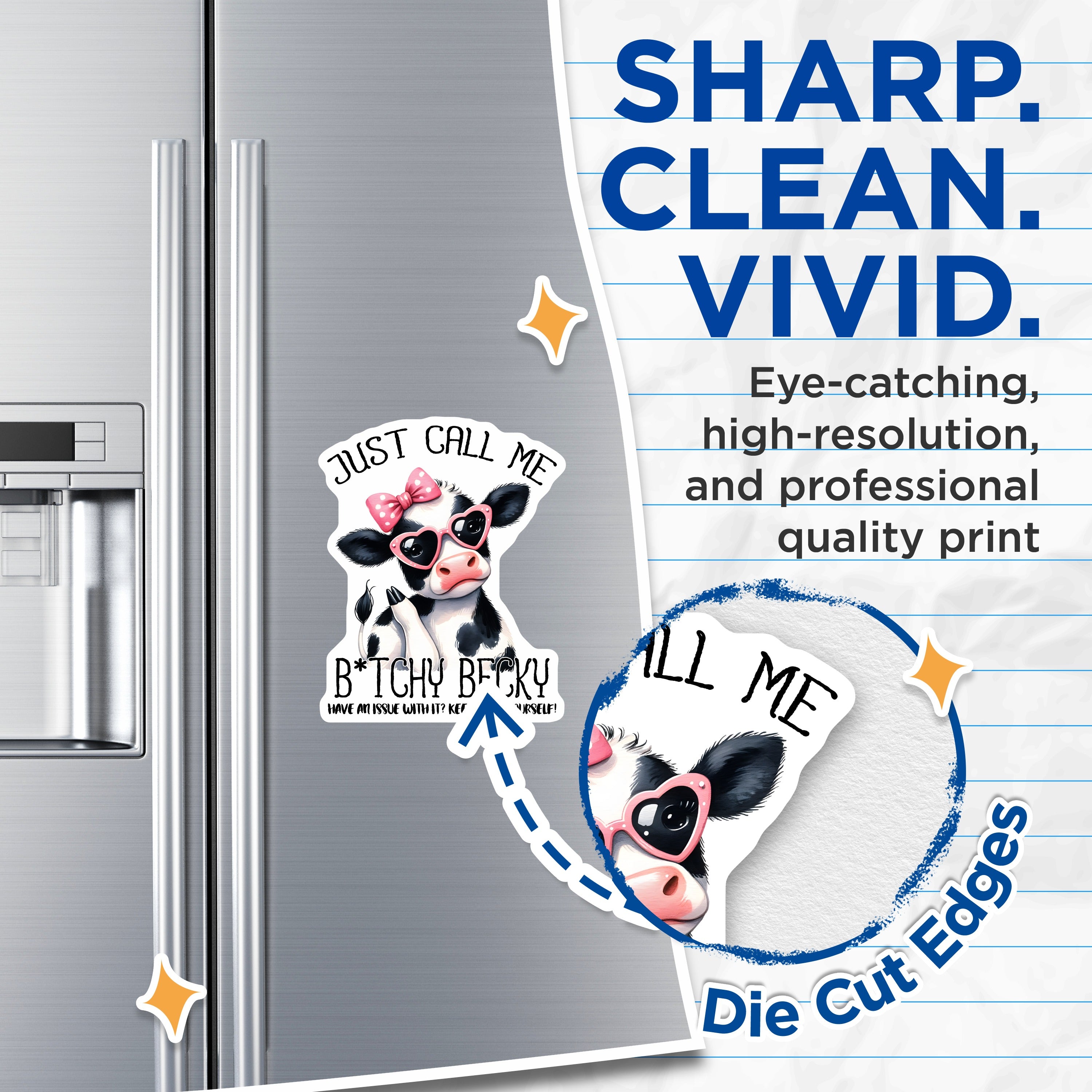 (2 Pack) Bitchy Becky Cow Magnets - Sassy Farm Animal Funny Quote Refrigerator Magnet - Cute Humorous Kitchen Decor - 5 Inches On Longest Side - Thick Durable Magnet - Made in USA - MAG37210