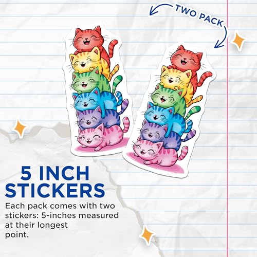(2 Pack) Cute Rainbow Cats Stickers - Adorable Cat Stack - Colorful Cartoon Feline Art - 5" On Longest Side - Sticks to Smooth Flat Surfaces - Made in USA - BMCS9554