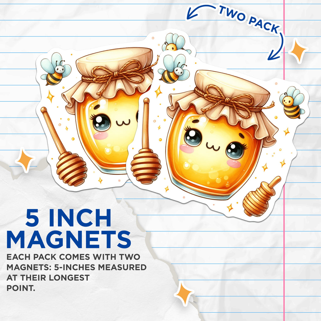 (2 Pack) Kawaii Honey Jar Magnets - Cute Bee Decor - Sweet Kitchen Accessories for Fridge - 5 Inches On Longest Side - Thick Durable Magnet - Made in USA - MAG39686