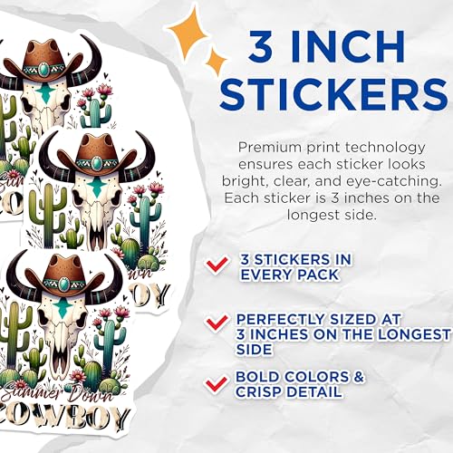 (3 Pack) Cowboy Decals - Summer Down Western Decal - Cactus Skull Decal - 3 Inches On Longest Side - Easy Peel & Apply - Made in USA - 3MCS1924