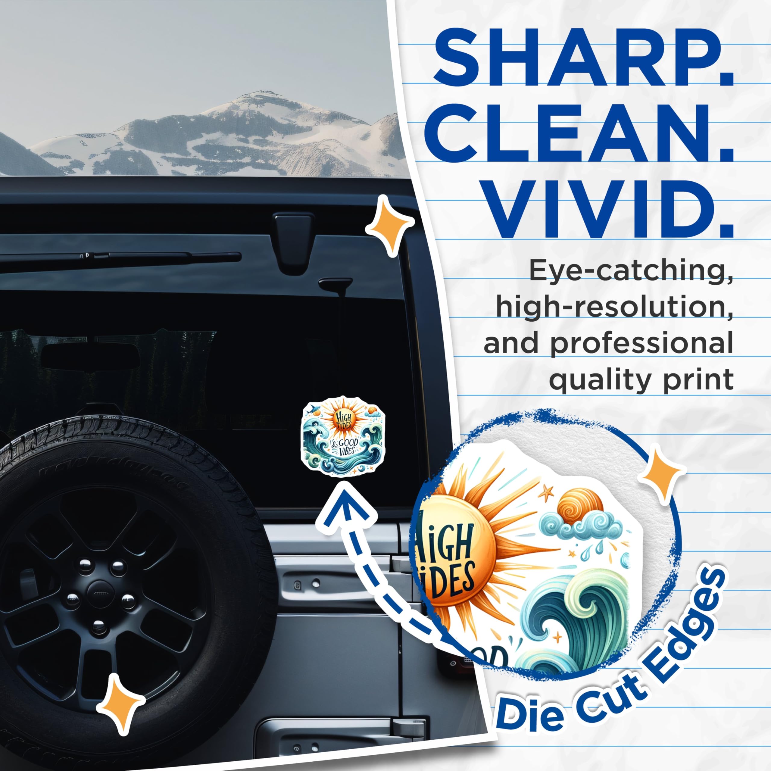 (2 Pack) High Tides Good Vibes Stickers - Ocean Waves - Sun and Sea Life - 5" On Longest Side - Sticks to Smooth Flat Surfaces - Made in USA - BMCS9300