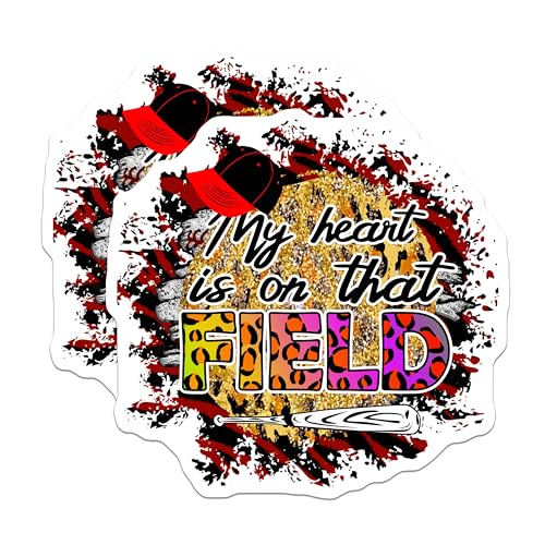 (2 Pack) My Heart is On That Field Stickers - Baseball Mom Decal - Sports Supporter Art - 5" On Longest Side - Sticks to Smooth Flat Surfaces - Made in USA - BMCS5683