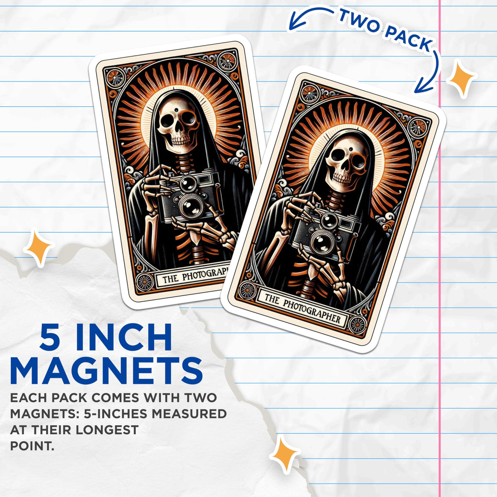 (2 Pack) Grim Reaper Photographer Magnets - Skeleton Camera Art - Gothic Photography Decor - 5 Inches On Longest Side - Thick Durable Magnet - Made in USA - MAG22364