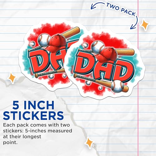 (2 Pack) Dad Baseball Stickers - Sports Dad Decals - Father's Day Pack - Baseball Lover - 5" On Longest Side - Sticks to Smooth Flat Surfaces - Made in USA - BMCS7489