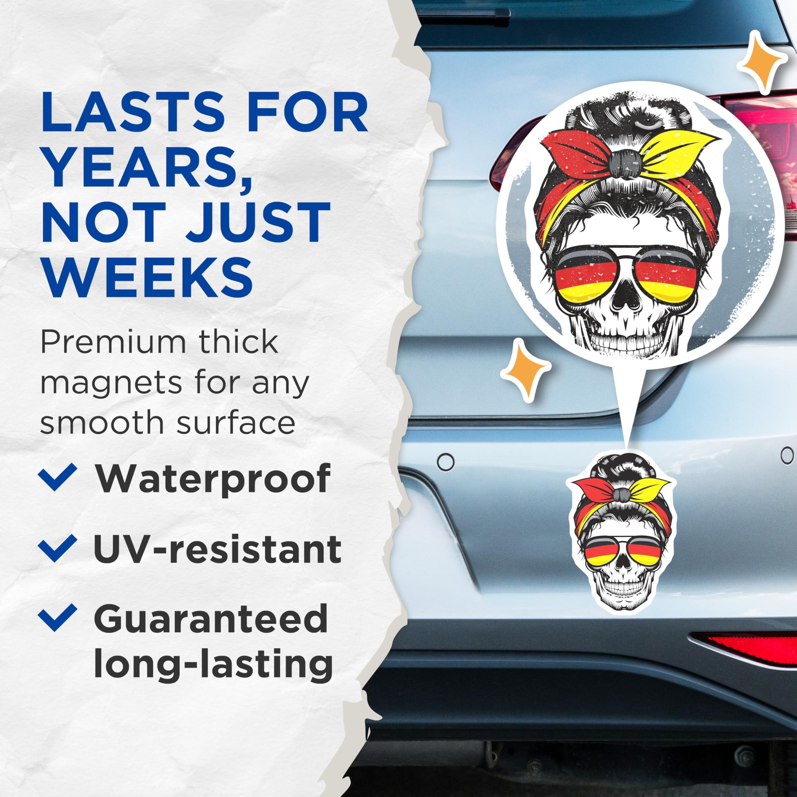 (2 Pack) German Skull Magnets - Germany Flag Art - Messy Bun Skull Design - 5" On Longest Side - Premium Magnet - for Cars, Refrigerators, Toolboxes, Lockers - Made in USA - MAG18125