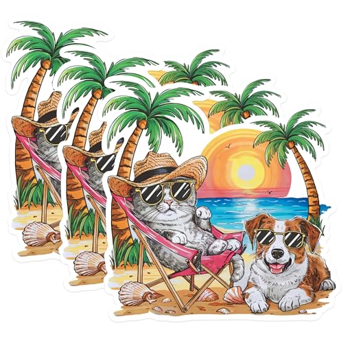 (3 Pack) Beach Cat Dog Decals - Summer Vacation Vibes - Laptop Decal Decor - 3 Inches On Longest Side - Easy Peel & Apply - Made in USA - 3MCS0597