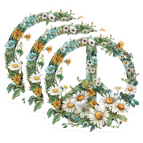 (3 Pack) Floral Peace Sign Decals - Flower Power Symbols - Hippie Aesthetic Decals - 3 Inches On Longest Side - Easy Peel & Apply - Made in USA - 3MCS7627