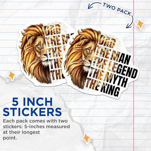 (2 Pack) Dad The Man The Legend The Myth The King Stickers - Father's Day Stickers - Lion Graphic Stickers - 5" On Longest Side - Sticks to Smooth Flat Surfaces - Made in USA - BMCS5837