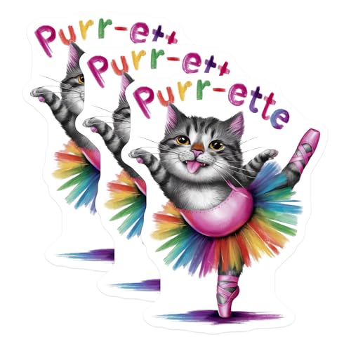 (3 Pack) Ballerina Cat Decals - Funny Cat Sticker - Rainbow Tutu Laptop Decal - 3 Inches On Longest Side - Easy Peel & Apply - Made in USA - 3MCS7923