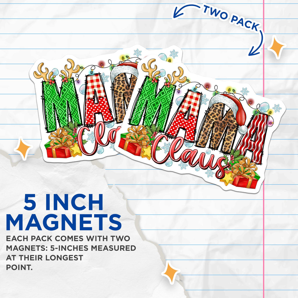 (2 Pack) Mama Claus Christmas Magnets - Holiday Mom Decor - Leopard Plaid Festive Kitchen Fridge - 5 Inches On Longest Side - Thick Durable Magnet - Made in USA - MAG30177