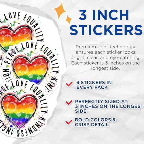 (3 Pack) LGBTQ Pride Decals - Peace Love Equality - Rainbow Heart Decal - 3 Inches On Longest Side - Easy Peel & Apply - Made in USA - 3MCS4558