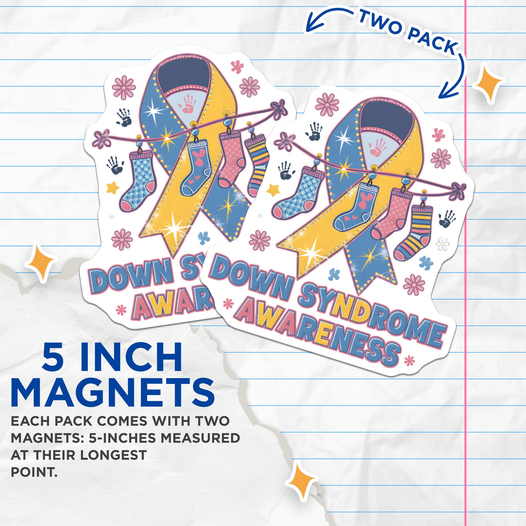 (2 Pack) Down Syndrome Awareness Magnets - WDSD Socks Ribbon - Trisomy 21 Support Inclusion Family Love - 5 Inches On Longest Side - Thick Durable Magnet - Made in USA - MAG38889