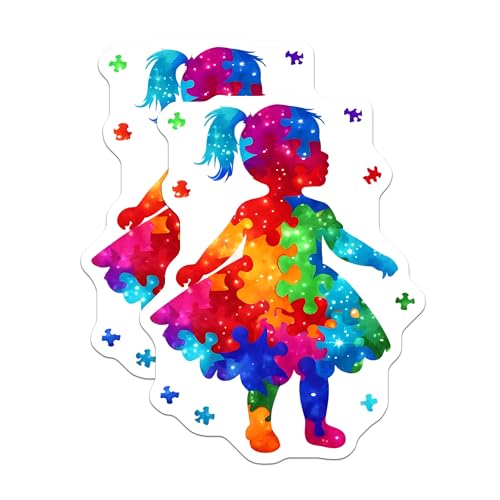 (2 Pack) Puzzle Piece Girl Stickers - Colorful Puzzle Art - Autism Awareness - 5" On Longest Side - Sticks to Smooth Flat Surfaces - Made in USA - BMCS7903