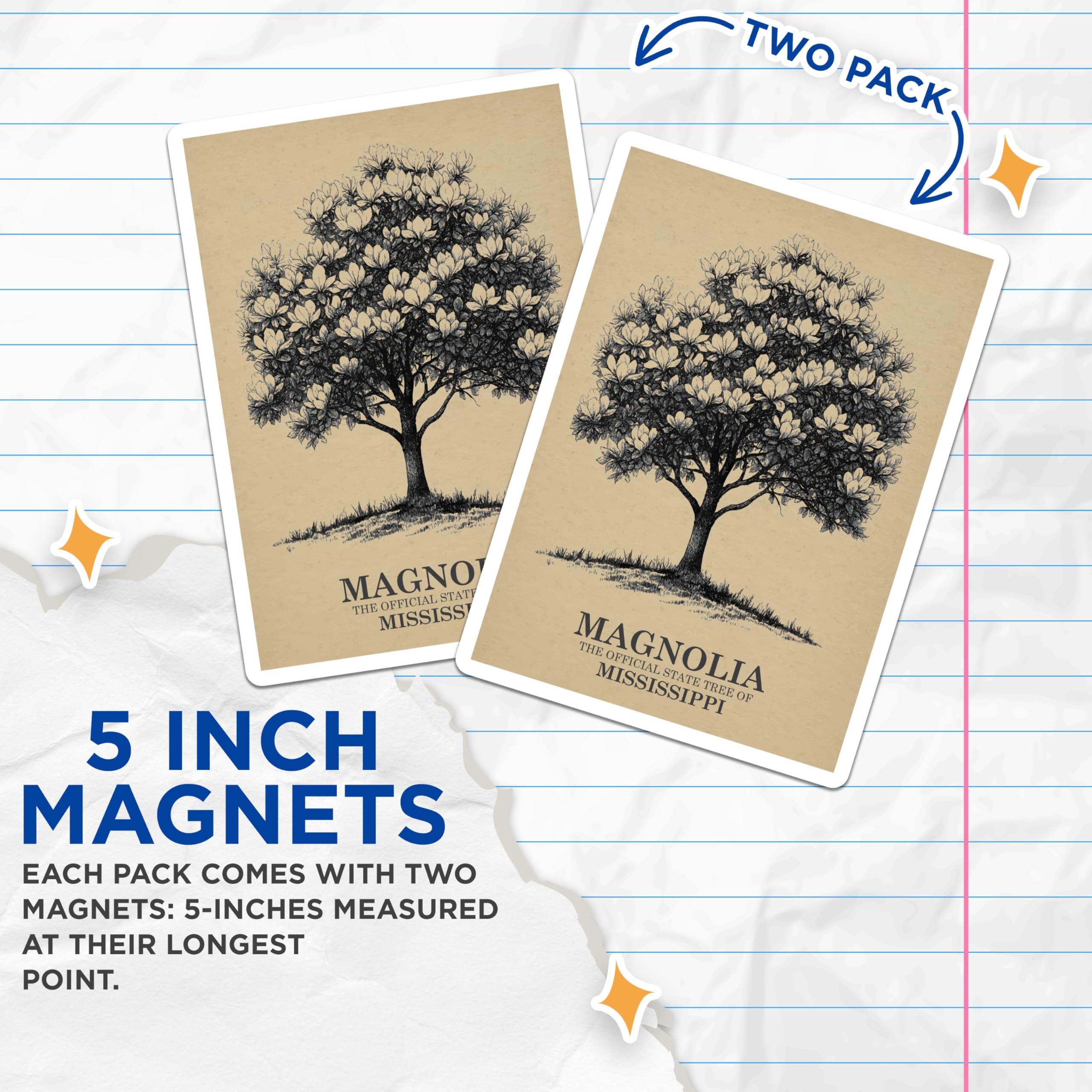 (2 Pack) Magnolia Tree Magnets - Mississippi State Tree - Botanical Art Decor - 5" On Longest Side - Premium Magnet - for Cars, Refrigerators, Toolboxes, Lockers - Made in USA - MAG17711