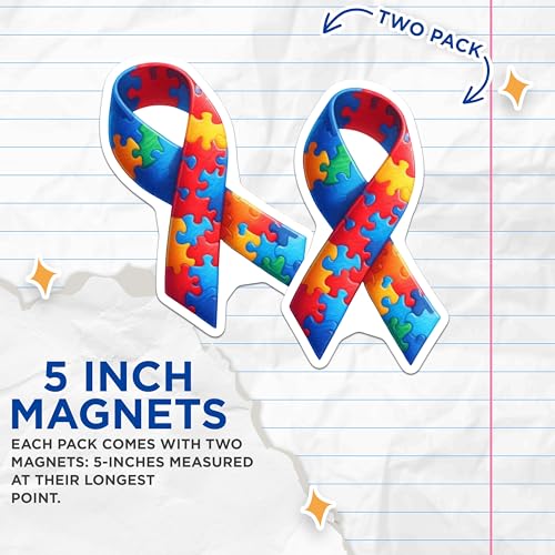 (2 Pack) Autism Awareness Magnets - Puzzle Ribbon Magnets - Support Autism - Colorful Puzzle Shape - 5" On Longest Side - for Cars, Fridges, Toolboxes - Made in USA - MAG6849