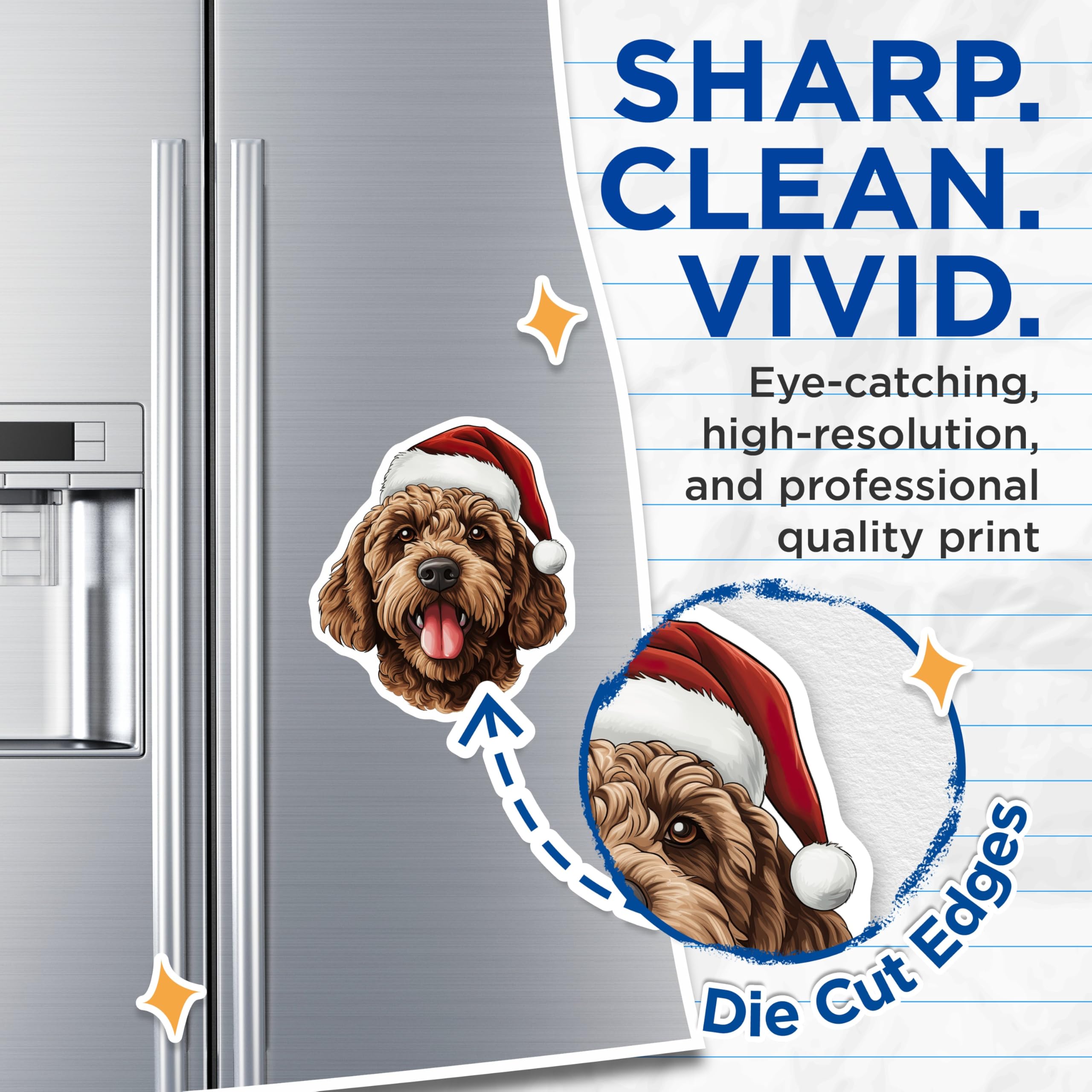 (2 Pack) Christmas Doodle Dog Magnets - Santa Hat Puppy Art - Holiday Refrigerator Decor - 5 Inches On Longest Side - Thick Durable Magnet - Made in USA - MAG30959