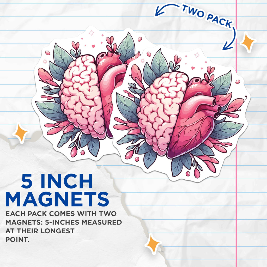 (2 Pack) Brain Heart Magnets - Logic Emotion Duality Art - Mental Health Science Decor - Refrigerator Locker Accent - 5 Inches On Longest Side - Thick Durable Magnet - Made in USA - MAG19529