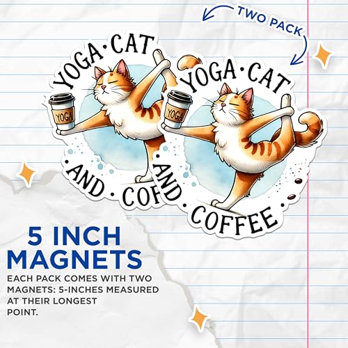 (2 Packs) Yoga Cat and Coffee Magnets - Cat Mom Cat Dad Cat Lover Yoga Yogi Magnets - 5 Inches On Longest Side - Premium Magnet - for Fridges, Toolboxes, Cars - Made in USA - MAG2418