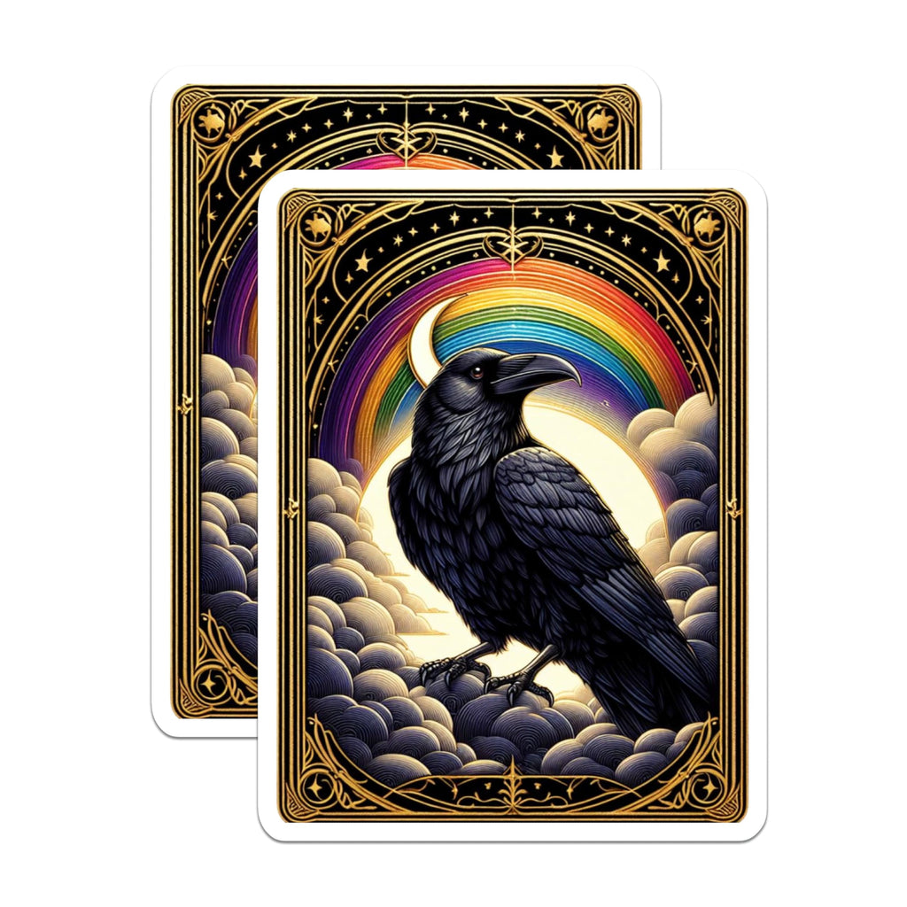 (2 Pack) Rainbow Raven Stickers - Crescent Moon Crow Decal - Ornate Celestial Art - Dark Academia Style Decor - 5" On Longest Side - Sticks to Smooth Flat Surfaces - Made in USA - BMCS21490