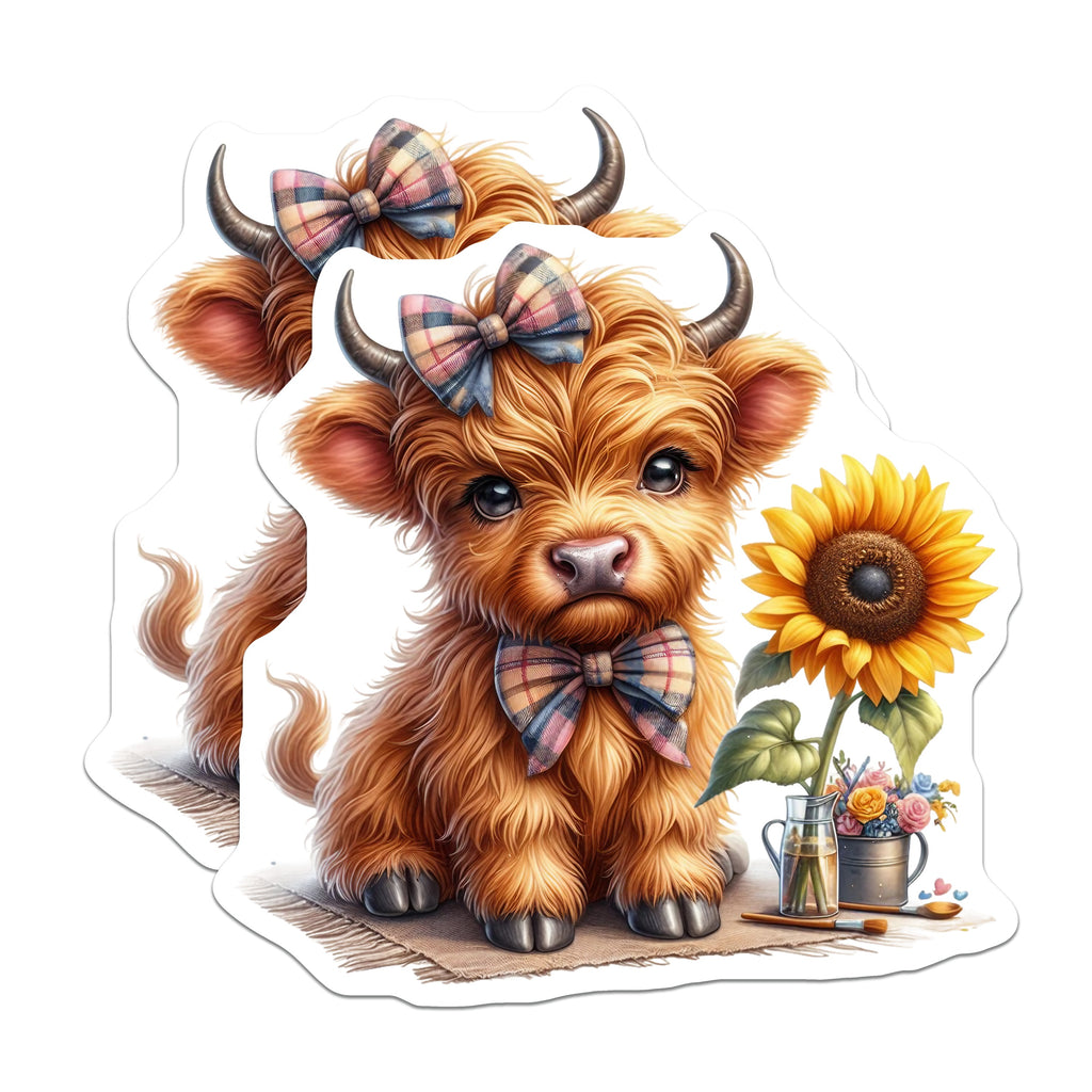 (2 Pack) Cute Highland Cow Magnets - Baby Cow Decor - Sunflower Farmhouse Kitchen - Rustic Refrigerator Animal Lover - 5 Inches On Longest Side - Thick Durable Magnet - Made in USA - MAG36607