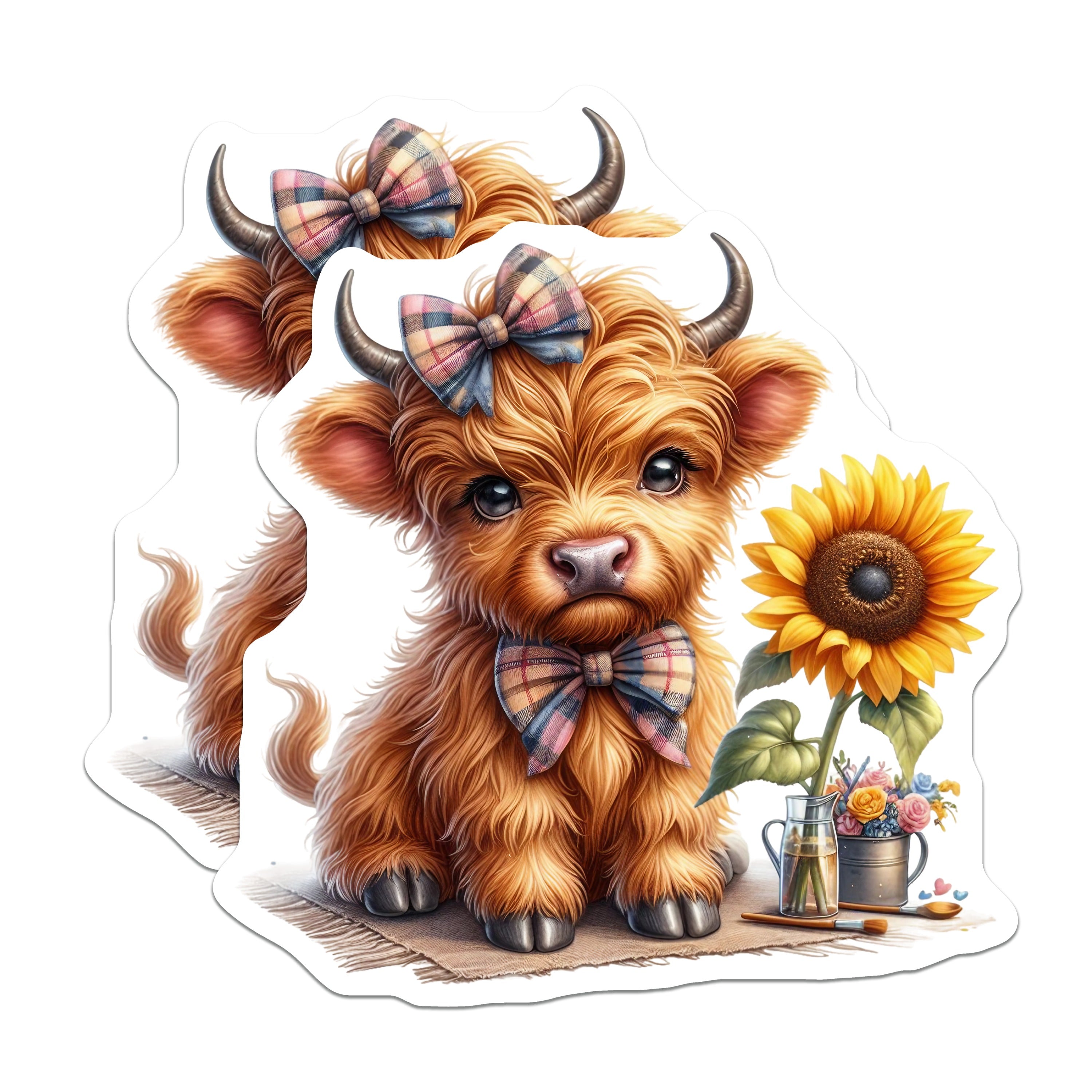 (2 Pack) Cute Highland Cow Magnets - Baby Cow Decor - Sunflower Farmhouse Kitchen - Rustic Refrigerator Animal Lover - 5 Inches On Longest Side - Thick Durable Magnet - Made in USA - MAG36607