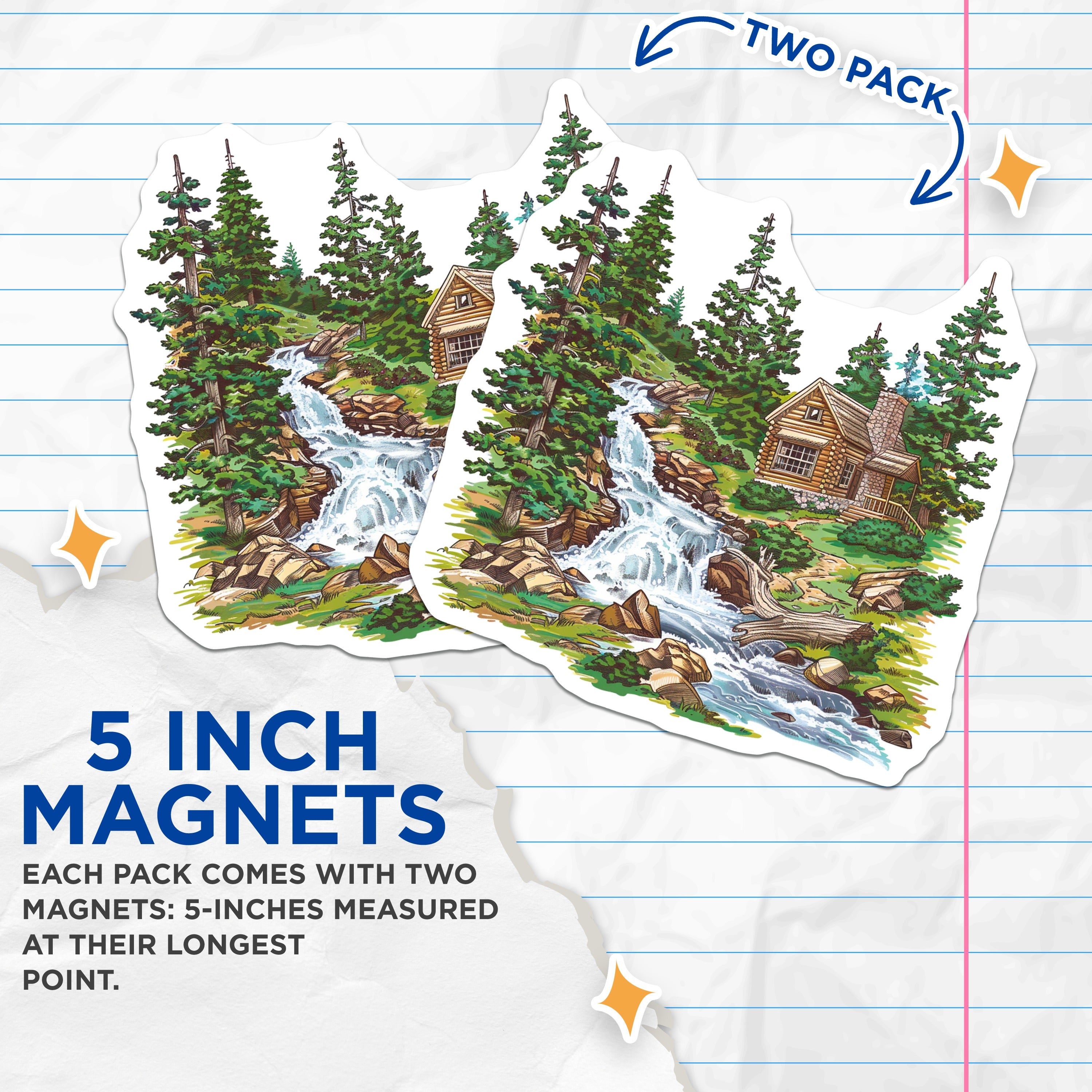 (2 Pack) Rustic Log Cabin Magnets - Forest Waterfall Scenery Decor - Cozy Mountain Home Refrigerator Accessory - 5 Inches On Longest Side - Thick Durable Magnet - Made in USA - MAG38771