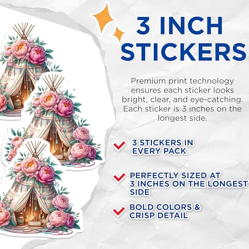 (3 Pack) Floral Teepee Decals - Boho Tent Stickers - Decorative Laptop Decals - 3 Inches On Longest Side - Easy Peel & Apply - Made in USA - 3MCS7616