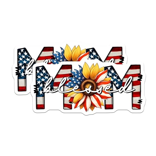 (2 Pack) Mom Blessed Magnets - American Flag Sunflower - Patriotic Decoration - 5" On Longest Side - for Cars, Fridges, Toolboxes - Made in USA - MAG7451
